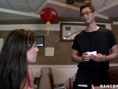 Aletta Ocean,Chayse Evans and Roxy K seducing young Asian waiter in the Chinese restaurant